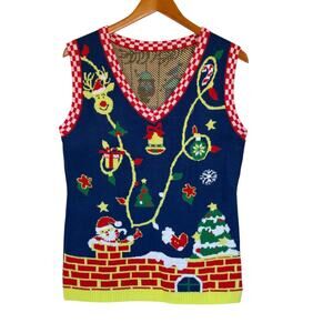 Ugly‎ Christmas Sweater Vest Women M Blue Reindeer Funny Merry Santa Tree Lights